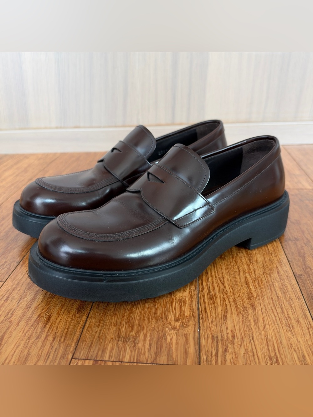 Prada Mens Spazzolato Brushed Leather Lug Sole Penny Loafers Bruciato Brown UK 8